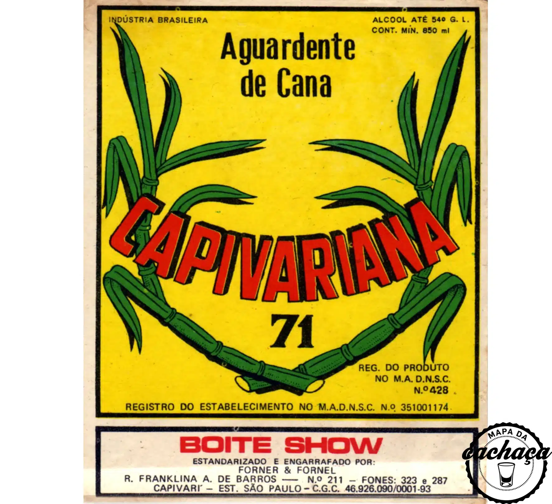 Rótulo da cachaça Capivariana 71
